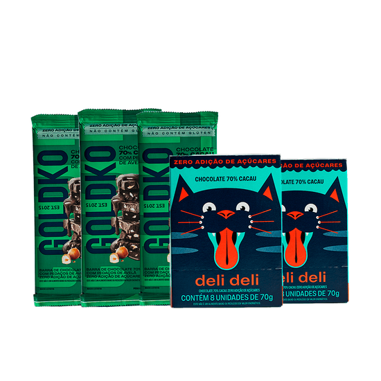 Kit Barras 70% cacau com avelãs e Deli Deli 70% cacau zero adição de açúcares
