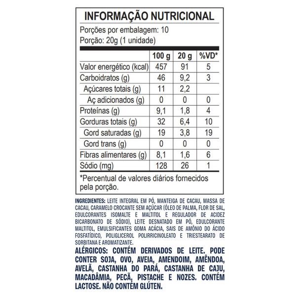 Barra de chocolate ao leite com pedaços de caramelo e flor de sal zero adição de açúcares 20g