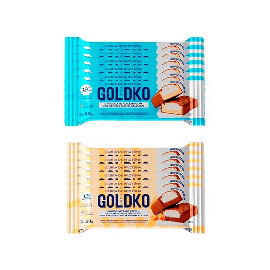 Kit Barras de Proteína Chocolate ao leite e Caramelo e Flor de sal com Marshmallow 50g - 12 Unidades