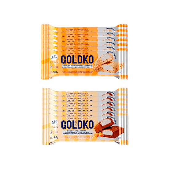 Kit Barras de Proteína Chocolate Branco e Cookies e Caramelo e Flor de sal com Marshmallow 50g - 12 Unidades